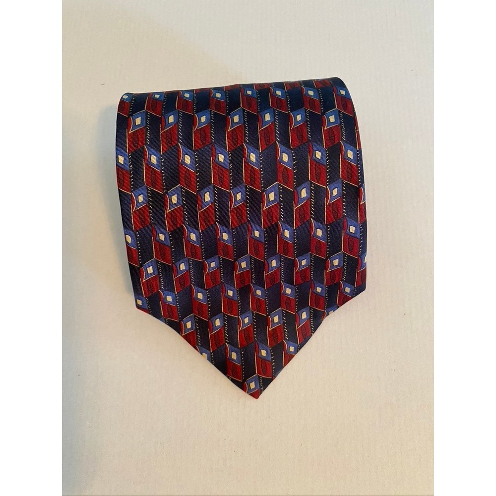 Barrington Mens Silk Necktie Red Navy Blue Gold Geometric Pattern Silk Tie